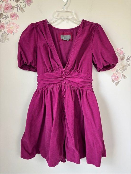 Anthropologie Dresses & Skirts - Anthropologie Fuchsia Corduroy V Neck Button Down Mini Dress - S